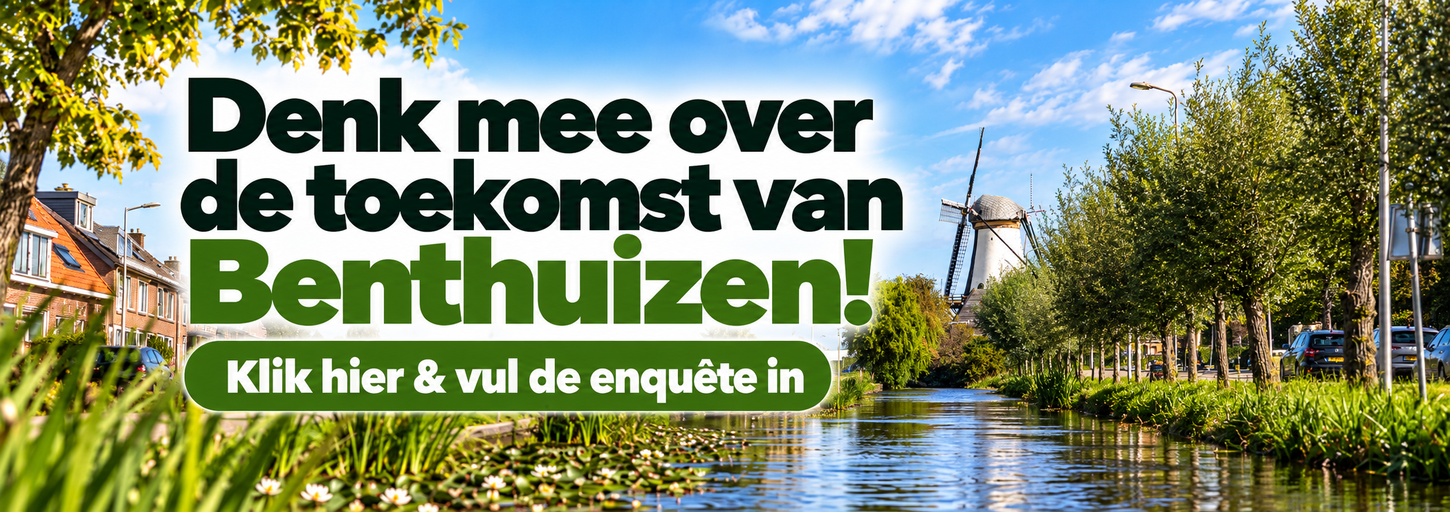 Benthuizen aan het water met windmolen